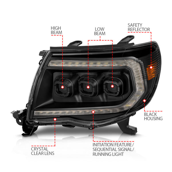 ANZO 05-11 Toyota Tacoma Full LED Projector Headlights White DRL/Init/SeqSig Black - Pair - Bull Strap
