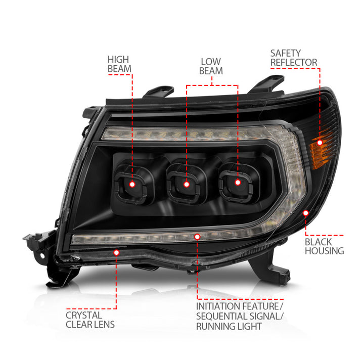 ANZO 05-11 Toyota Tacoma Full LED Projector Headlights White DRL/Init/SeqSig Black - Pair - Bull Strap