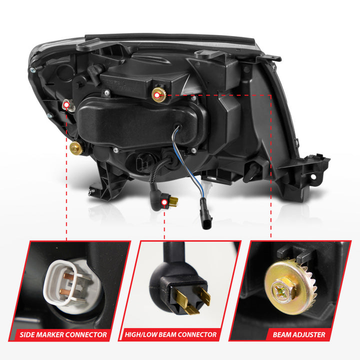 ANZO 05-11 Toyota Tacoma Full LED Projector Headlights White DRL/Init/SeqSig Black - Pair - Bull Strap