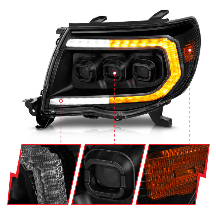 ANZO 05-11 Toyota Tacoma Full LED Projector Headlights White DRL/Init/SeqSig Black - Pair - Bull Strap