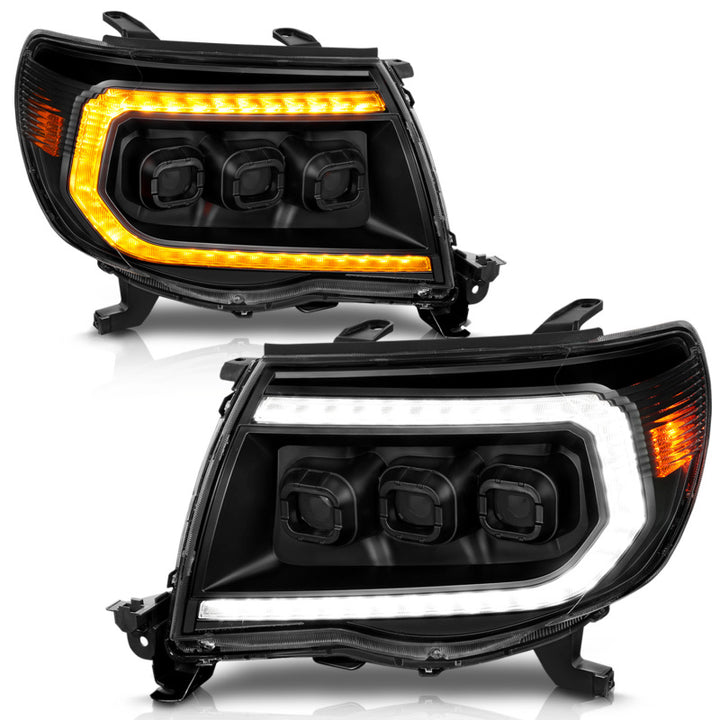 ANZO 05-11 Toyota Tacoma Full LED Projector Headlights White DRL/Init/SeqSig Black - Pair - Bull Strap