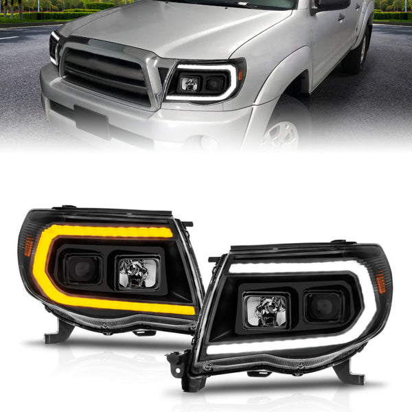 ANZO 05-11 Toyota Tacoma Projector Headlights w/Light Bar Switchback Black Housing - Bull Strap
