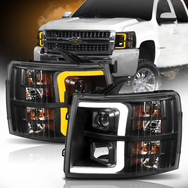 ANZO 07-13 Chevrolet Silverado 1500 Plank Style Projector Headlights Black w/ Amber - Bull Strap