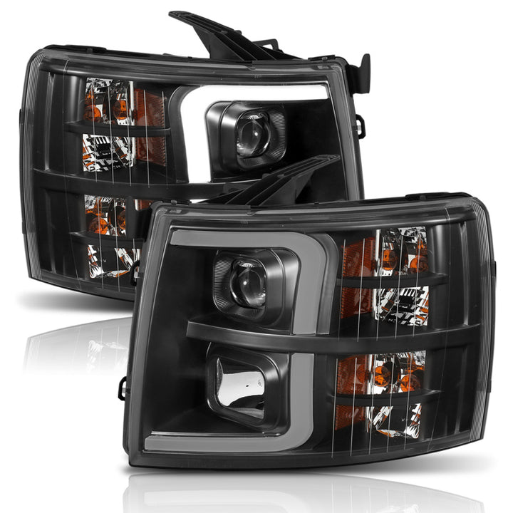 ANZO 07-13 Chevrolet Silverado 1500 Plank Style Projector Headlights Black w/ Amber - Bull Strap