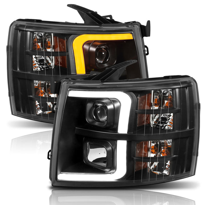 ANZO 07-13 Chevrolet Silverado 1500 Plank Style Projector Headlights Black w/ Amber - Bull Strap