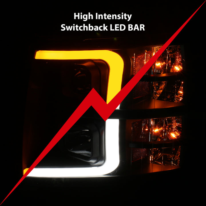 ANZO 07-13 Chevrolet Silverado 1500 Plank Style Projector Headlights Black w/ Amber - Bull Strap