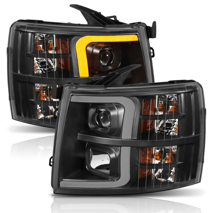 ANZO 07-13 Chevrolet Silverado 1500 Plank Style Projector Headlights Black w/ Amber - Bull Strap