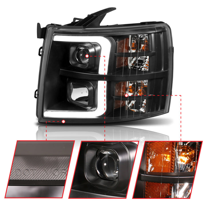 ANZO 07-13 Chevrolet Silverado 1500 Plank Style Projector Headlights Black w/ Amber - Bull Strap
