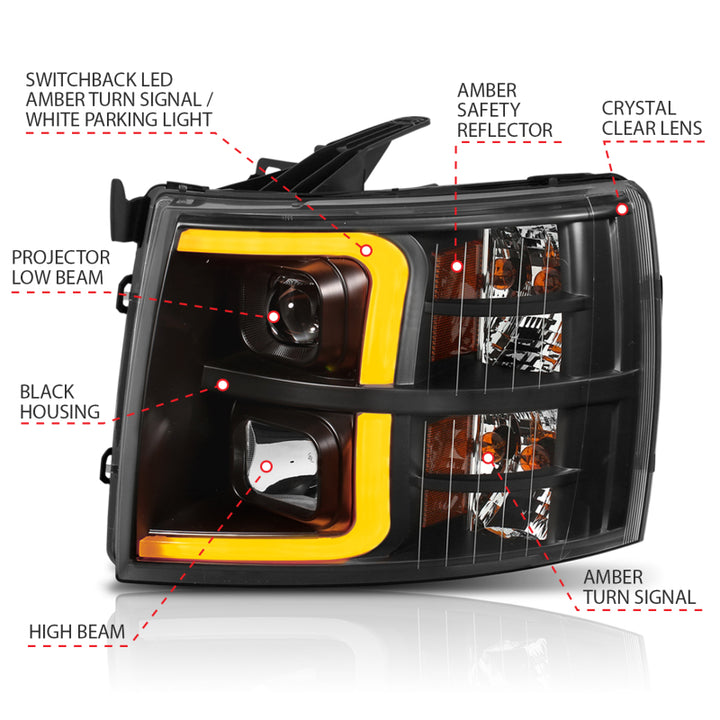 ANZO 07-13 Chevrolet Silverado 1500 Plank Style Projector Headlights Black w/ Amber - Bull Strap