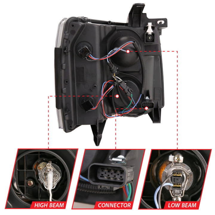 ANZO 07-13 Chevrolet Silverado 1500 Plank Style Projector Headlights Black w/ Amber - Bull Strap