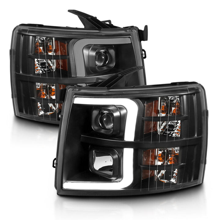 ANZO 07-13 Chevrolet Silverado 3500 Projector Headlights - Black Amber - Bull Strap