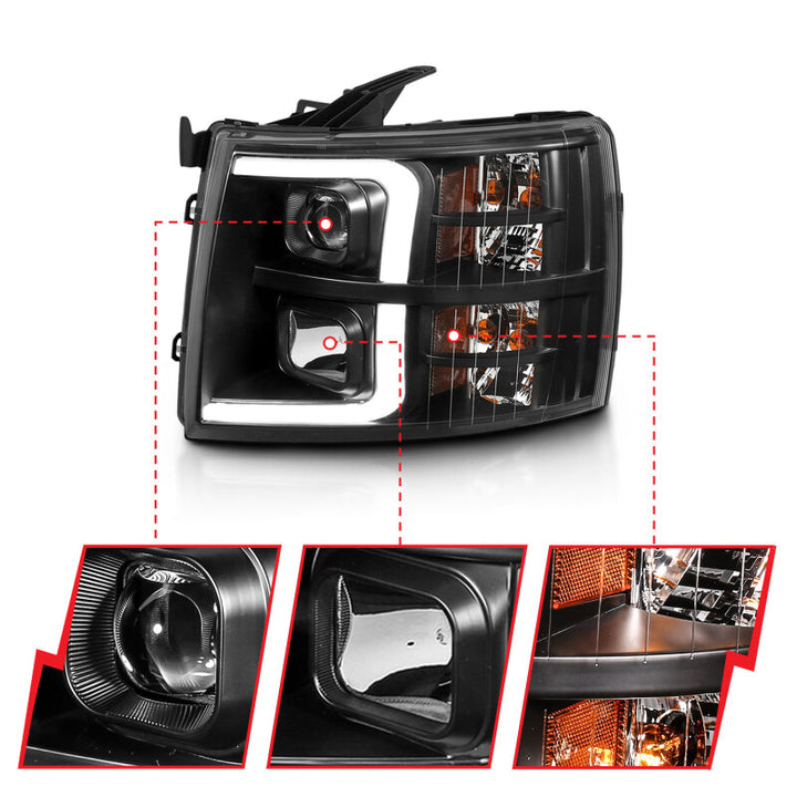 ANZO 07-13 Chevrolet Silverado 3500 Projector Headlights - Black Amber - Bull Strap