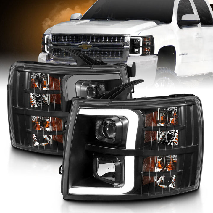 ANZO 07-13 Chevrolet Silverado 3500 Projector Headlights - Black Amber - Bull Strap