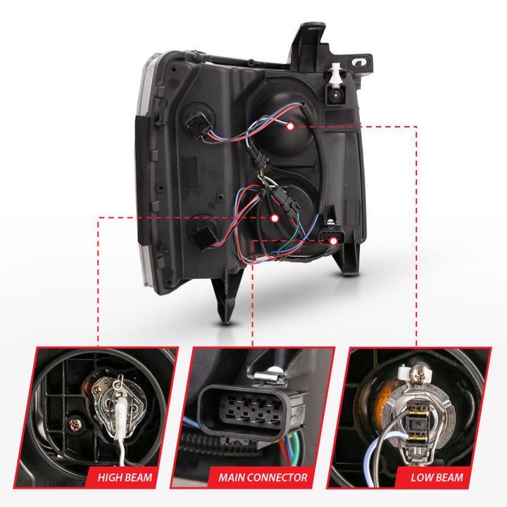 ANZO 07-13 Chevrolet Silverado 3500 Projector Headlights - Black Amber - Bull Strap
