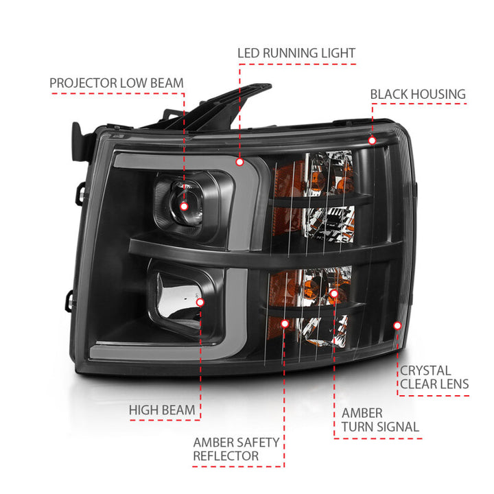 ANZO 07-13 Chevrolet Silverado 3500 Projector Headlights - Black Amber - Bull Strap