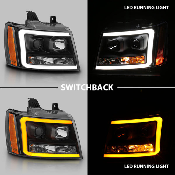 ANZO 07-14 Chevy Tahoe Projector Headlights w/ Plank Style Design Black w/ Amber - Bull Strap