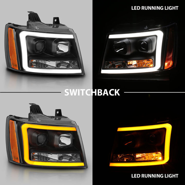 ANZO 07-14 Chevy Tahoe Projector Headlights w/ Plank Style Design Black w/ Amber - Bull Strap