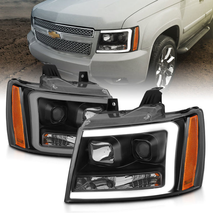 ANZO 07-14 Chevy Tahoe Projector Headlights w/ Plank Style Design Black w/ Amber - Bull Strap