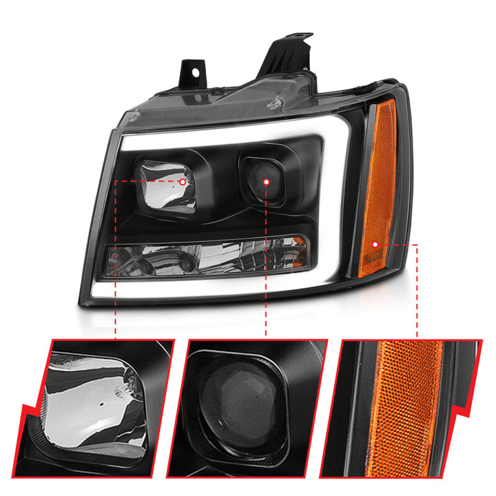 ANZO 07-14 Chevy Tahoe Projector Headlights w/ Plank Style Design Black w/ Amber - Bull Strap