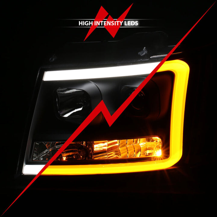 ANZO 07-14 Chevy Tahoe Projector Headlights w/ Plank Style Design Black w/ Amber - Bull Strap