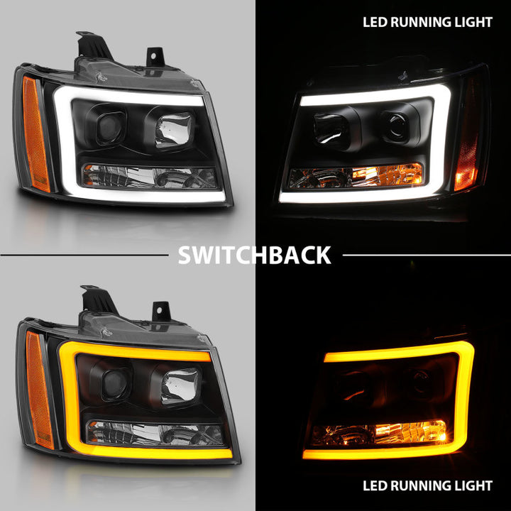 ANZO 07-14 Chevy Tahoe Projector Headlights w/ Plank Style Design Black w/ Amber - Bull Strap