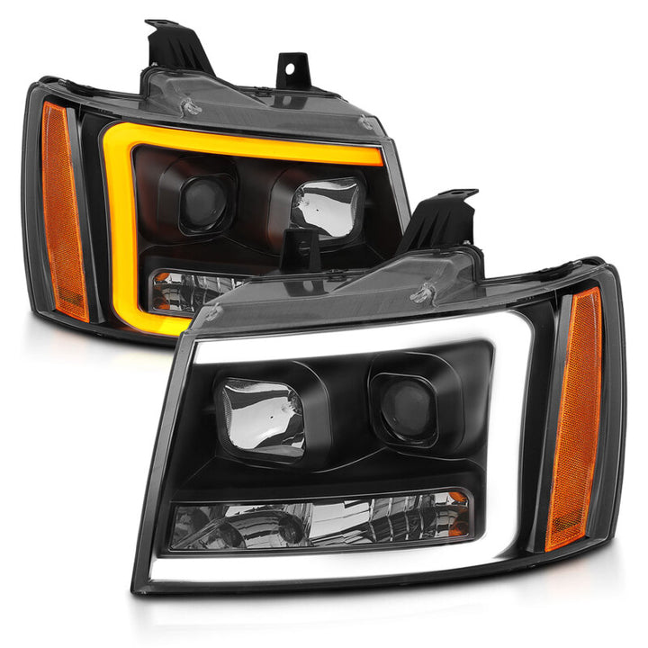 ANZO 07-14 Chevy Tahoe Projector Headlights w/ Plank Style Design Black w/ Amber - Bull Strap