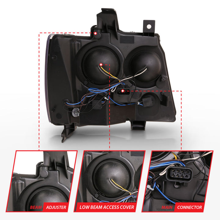 ANZO 07-14 Chevy Tahoe Projector Headlights w/ Plank Style Design Black w/ Amber - Bull Strap