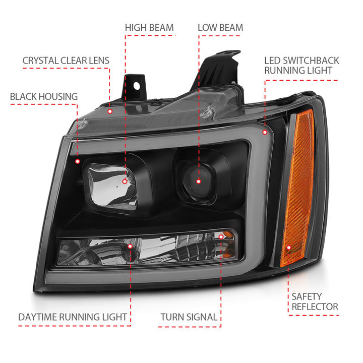 ANZO 07-14 Chevy Tahoe Projector Headlights w/ Plank Style Design Black w/ Amber - Bull Strap