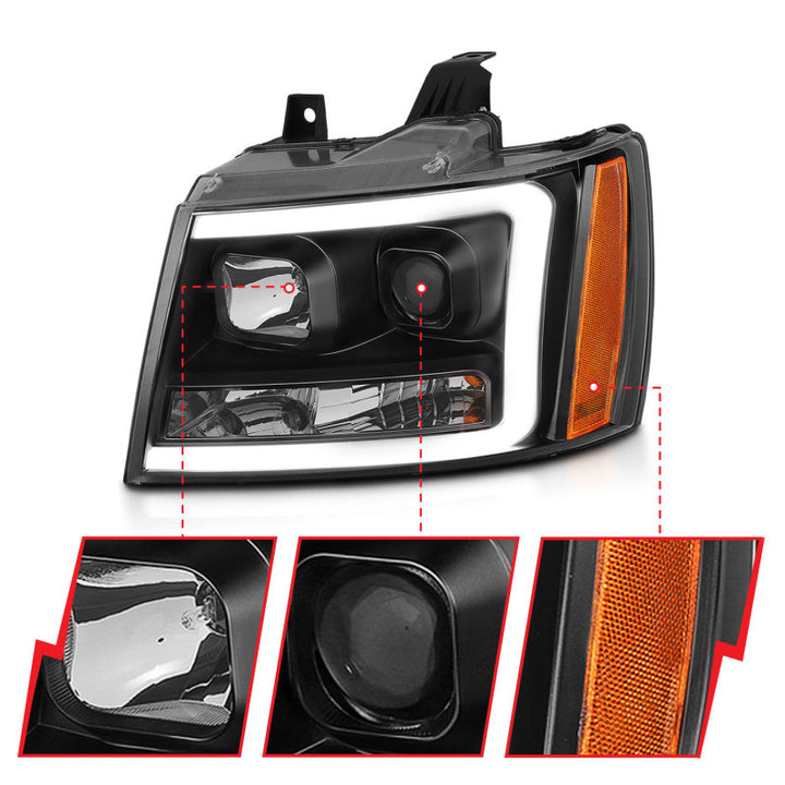 ANZO 07-14 Chevy Tahoe Projector Headlights w/ Plank Style Design Black w/ Amber - Bull Strap