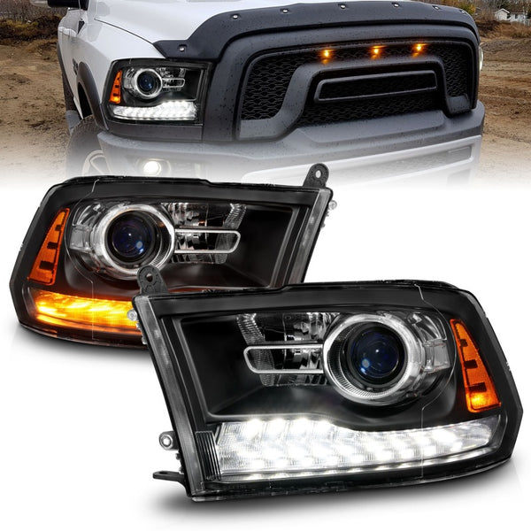 ANZO 09-18 Dodge Ram 1500/2500/3500 LED Plank Style Headlights Switchback + Sequential - Matte Black - Bull Strap