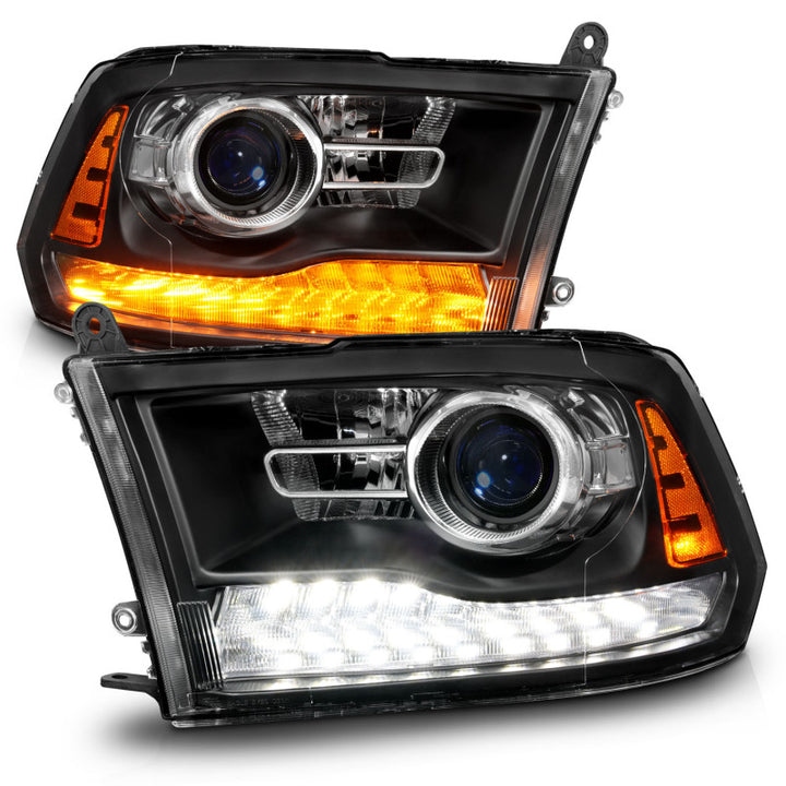 ANZO 09-18 Dodge Ram 1500/2500/3500 LED Plank Style Headlights Switchback + Sequential - Matte Black - Bull Strap