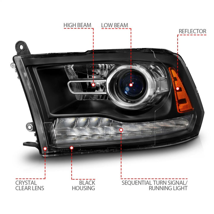 ANZO 09-18 Dodge Ram 1500/2500/3500 LED Plank Style Headlights Switchback + Sequential - Matte Black - Bull Strap