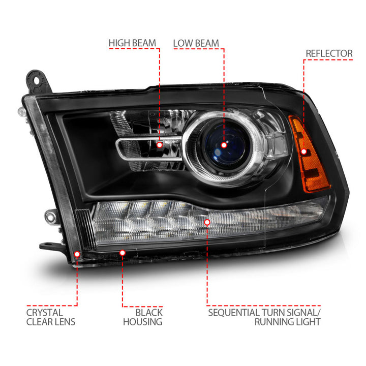 ANZO 09-18 Dodge Ram 1500/2500/3500 LED Plank Style Headlights Switchback + Sequential - Matte Black - Bull Strap