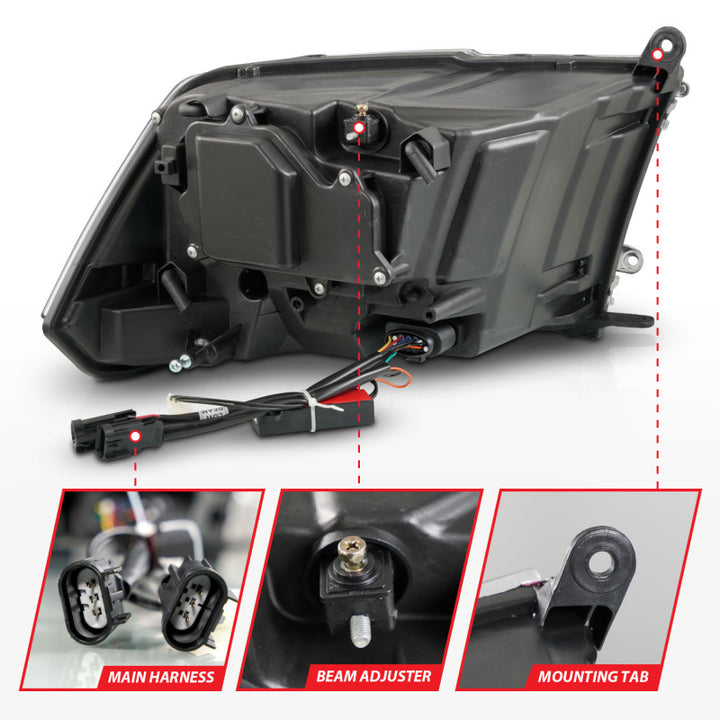 ANZO 09-18 Dodge Ram 1500/2500/3500 LED Plank Style Headlights Switchback + Sequential - Matte Black - Bull Strap