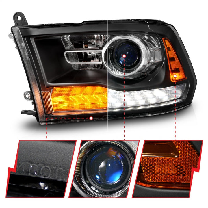 ANZO 09-18 Dodge Ram 1500/2500/3500 LED Plank Style Headlights Switchback + Sequential - Matte Black - Bull Strap