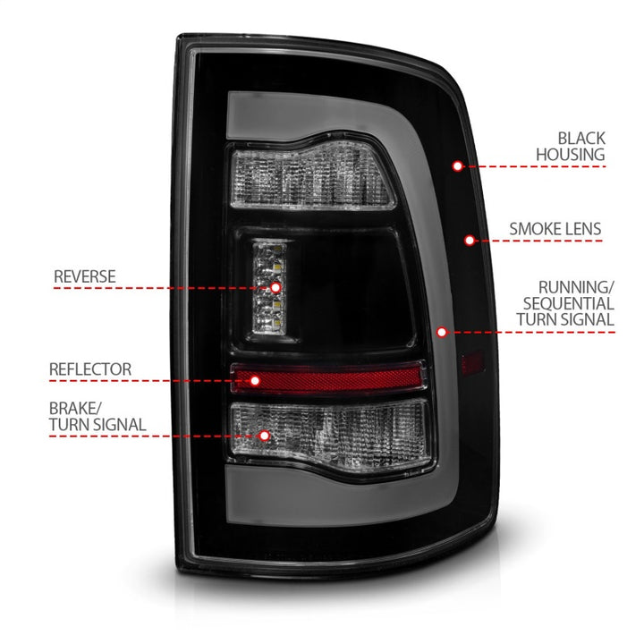 ANZO 09-18 Dodge Ram 1500 Sequential LED Taillights Smoke Black w/Switchback Amber Signal - Bull Strap