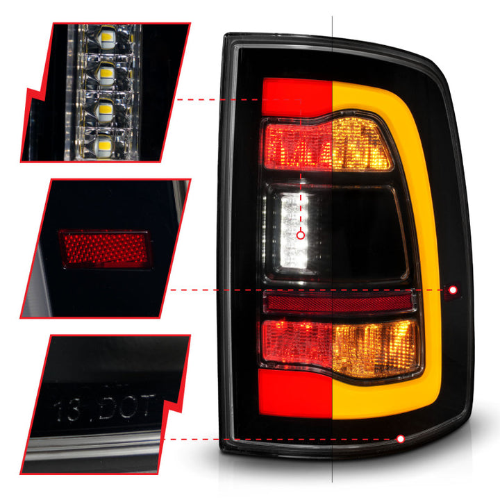 ANZO 09-18 Dodge Ram 1500 Sequential LED Taillights Smoke Black w/Switchback Amber Signal - Bull Strap