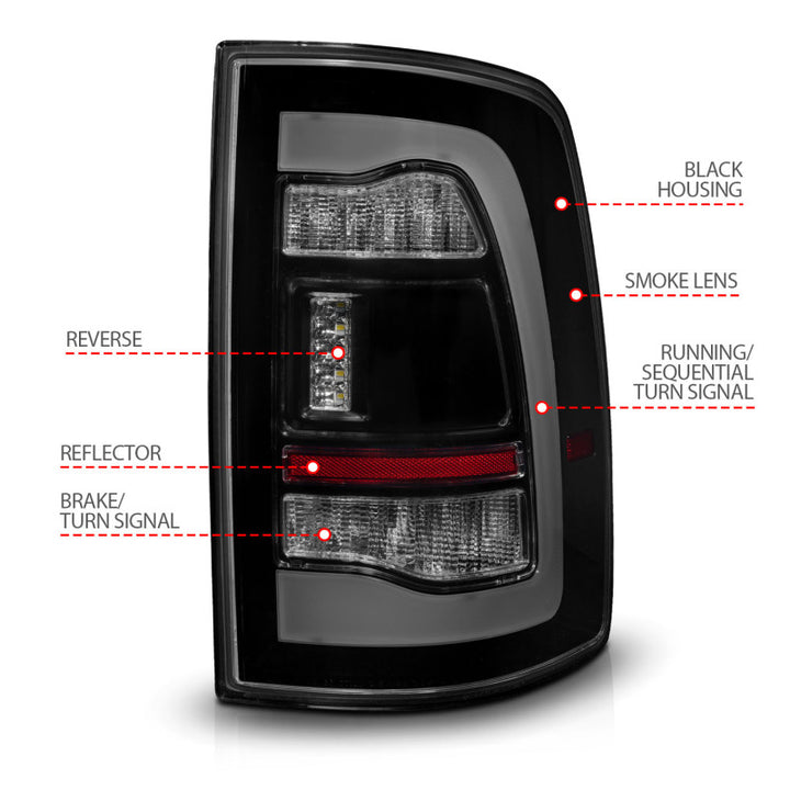 ANZO 09-18 Dodge Ram 1500 Sequential LED Taillights Smoke Black w/Switchback Amber Signal - Bull Strap