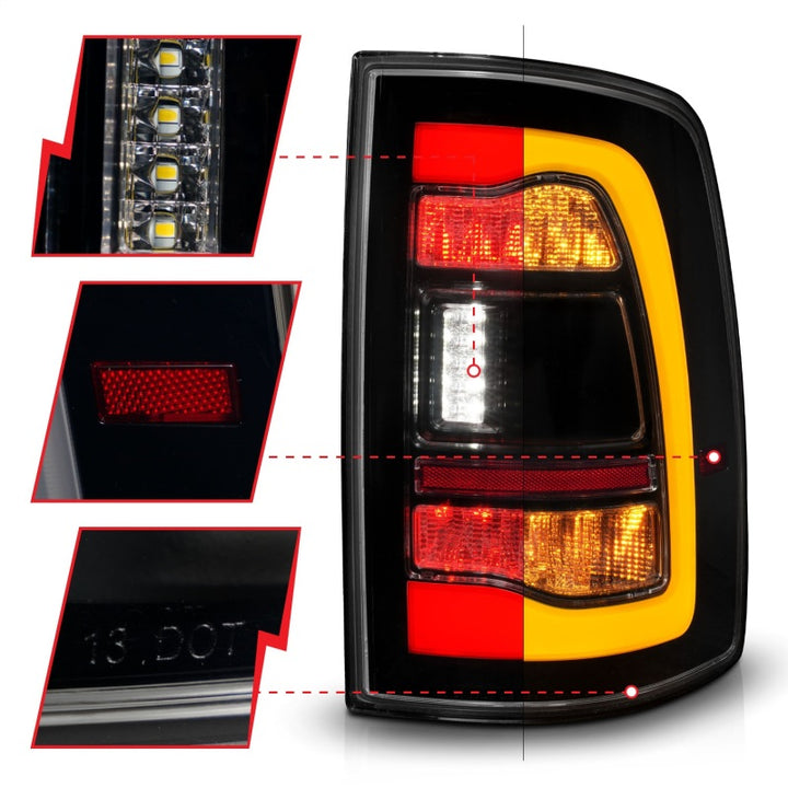 ANZO 09-18 Dodge Ram 1500 Sequential LED Taillights Smoke Black w/Switchback Amber Signal - Bull Strap