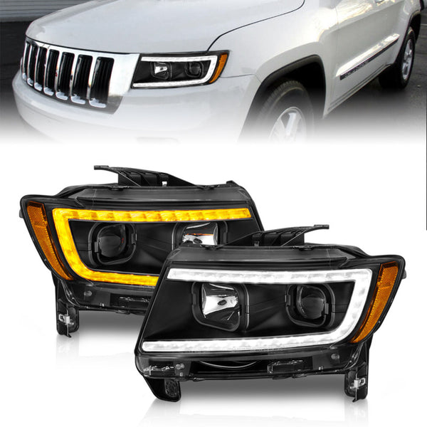 ANZO 11-13 Jeep Grand Cherokee (Factory Halogen Only) Projector Headlights w/Light Bar Swtchbk Black - Bull Strap