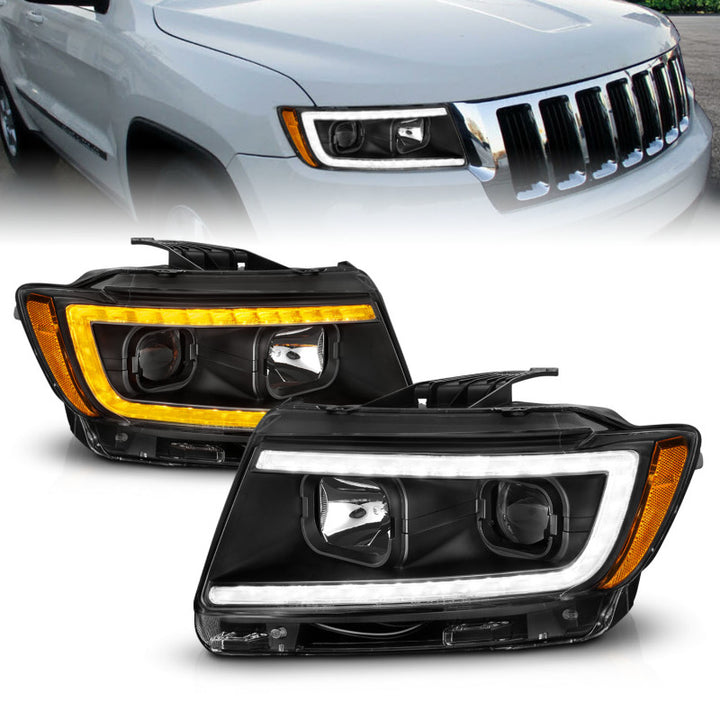 ANZO 11-13 Jeep Grand Cherokee (Factory Halogen Only) Projector Headlights w/Light Bar Swtchbk Black - Bull Strap