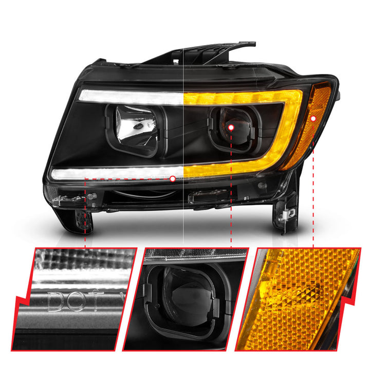 ANZO 11-13 Jeep Grand Cherokee (Factory Halogen Only) Projector Headlights w/Light Bar Swtchbk Black - Bull Strap