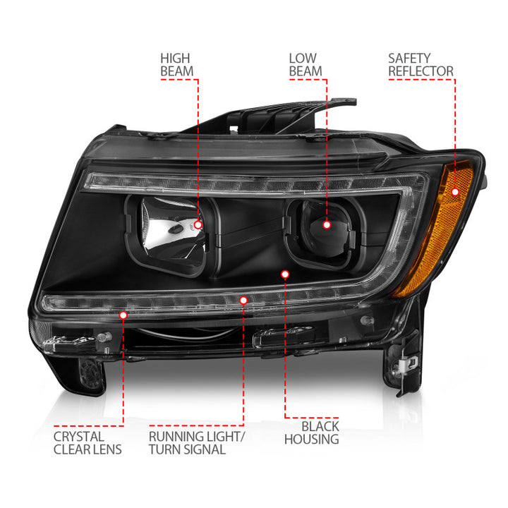 ANZO 11-13 Jeep Grand Cherokee (Factory Halogen Only) Projector Headlights w/Light Bar Swtchbk Black - Bull Strap