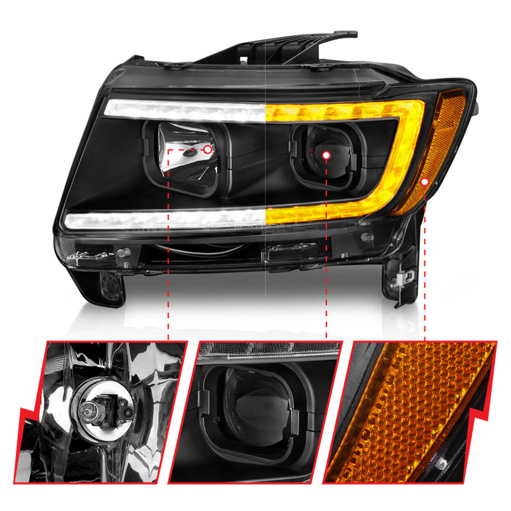 ANZO 11-13 Jeep Grand Cherokee (Factory Halogen Only) Projector Headlights w/Light Bar Swtchbk Black - Bull Strap