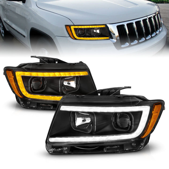 ANZO 11-13 Jeep Grand Cherokee (Factory Halogen Only) Projector Headlights w/Light Bar Swtchbk Black - Bull Strap