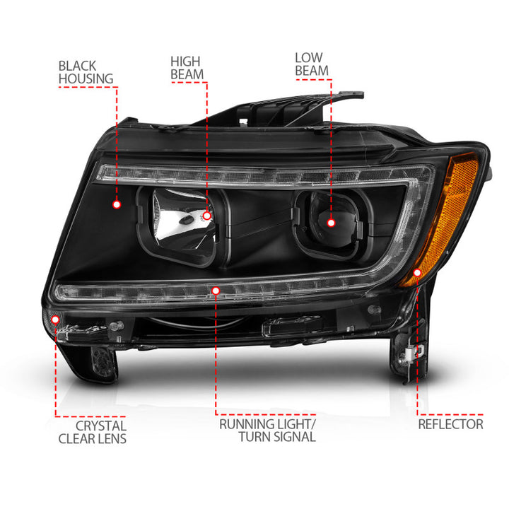 ANZO 11-13 Jeep Grand Cherokee (Factory Halogen Only) Projector Headlights w/Light Bar Swtchbk Black - Bull Strap