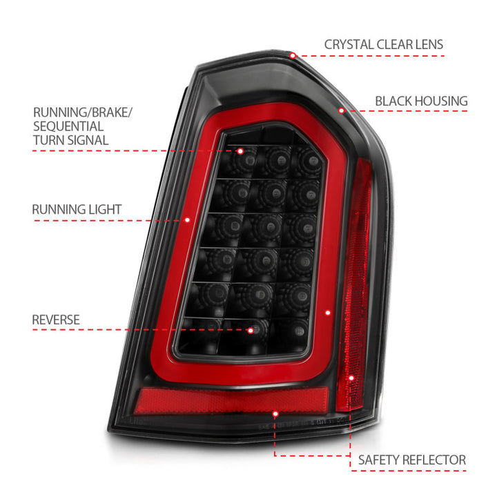 ANZO 11-14 Chrysler 300 LED Taillights Black w/ Sequential - Bull Strap