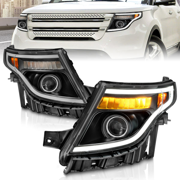 ANZO 11-15 Ford Explorer (w/Factory Halogen HL Only) Projector Headlights w/Light Bar Black Housing - Bull Strap