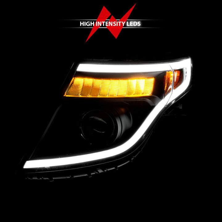 ANZO 11-15 Ford Explorer (w/Factory Halogen HL Only) Projector Headlights w/Light Bar Black Housing - Bull Strap