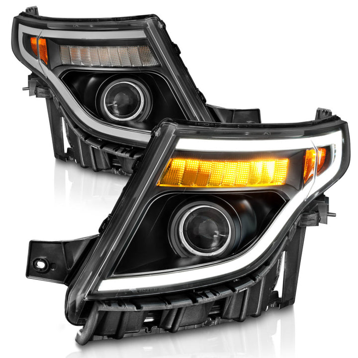 ANZO 11-15 Ford Explorer (w/Factory Halogen HL Only) Projector Headlights w/Light Bar Black Housing - Bull Strap